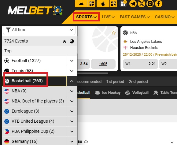 Melbet прематчтік желісінде спорт түрін таңдау