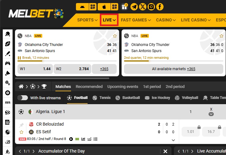 Live-Melbet букмекер сайтындағы Live-бөлім