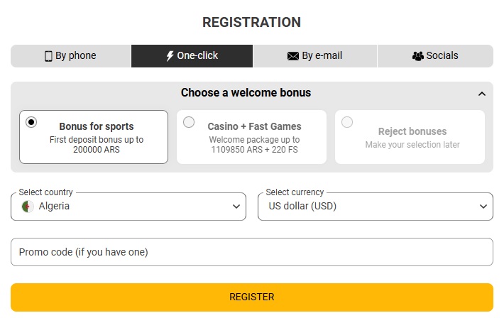 One-click registration at Melbet